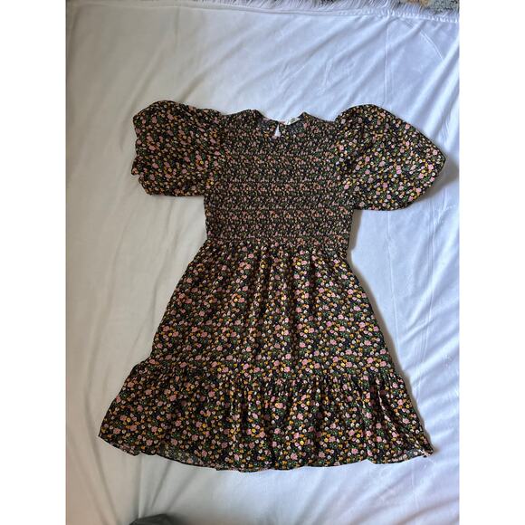 Melloday women’s Black Floral Smocked Dress Puff Sleeve Large - Picture 2 of 5